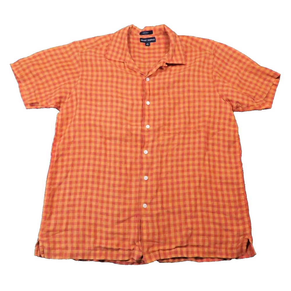Grant Thomas Pure Linen Button Up Shirt Mens M Orange Plaid Camp Resort Coastal